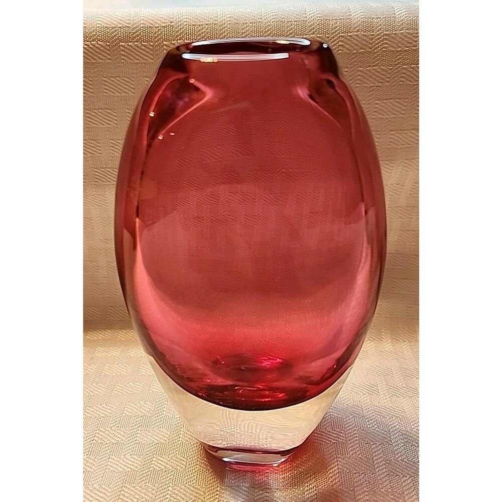Vtg Hand Blown Art Glass Vase Cranberry To Clear 5” Murano STYLE Excellent Cond